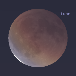 La Lune rouge cuivrée cette fois sur un fond de ciel relativement sombre. Dans une petite zone en bas à droite de la Lune elle retrouve une teinte plus habituelle.